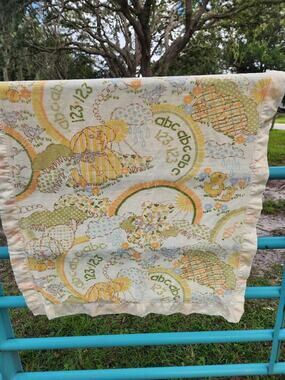 Vintage Baby Blanket ABC 123 Teddy Bear Ducklings Pastel Satin Trim